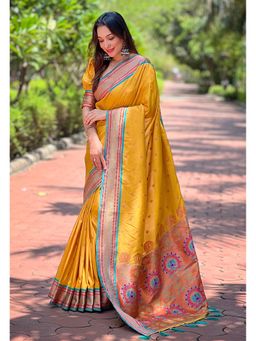 SGF11 - Yellow Women Kanjivaram Paithani Silk Saree with Unstitched Blouse