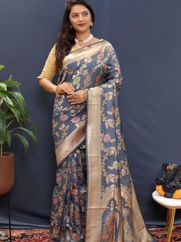 SGF11 - Grey Women Kanjivaram Soft Silk Saree with Unstitched Blouse