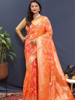SGF11 - Orange Women Kanjivaram Soft Silk Saree with Unstitched Blouse