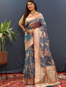 SGF11 - Grey Women Kanjivaram Soft Silk Saree with Unstitched Blouse