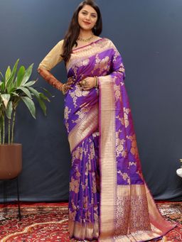 SGF11 - Purple Women Kanjivaram Soft Silk Saree with Unstitched Blouse