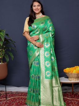 SGF11 - Green Women Kanjivaram Soft Silk Saree with Unstitched Blouse