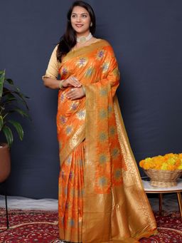 SGF11 - Orange Women Kanjivaram Soft Silk Saree with Unstitched Blouse