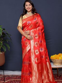 SGF11 - Red Women Kanjivaram Soft Silk Saree with Unstitched Blouse
