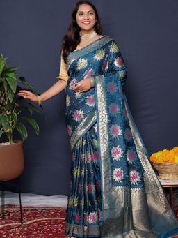 SGF11 - Teal Women Kanjivaram Soft Silk Saree with Unstitched Blouse