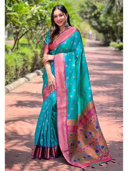 SGF11 - Aqua Women Kanjivaram Paithani Silk Saree with Unstitched Blouse