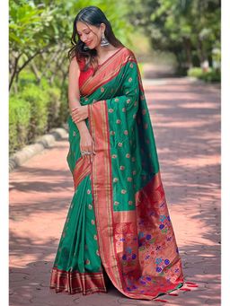 SGF11 - Green Women Kanjivaram Paithani Silk Saree with Unstitched Blouse