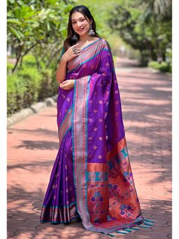 SGF11 - Purple Women Kanjivaram Paithani Silk Saree with Unstitched Blouse