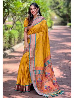 SGF11 - Yellow Women Kanjivaram Paithani Silk Saree with Unstitched Blouse