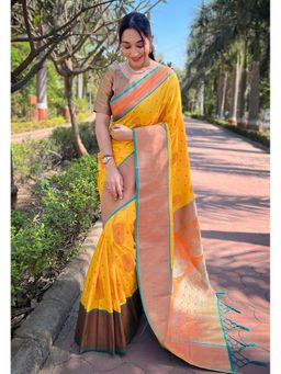 SGF11 - Yellow Women Kanjivaram Paithani Silk Saree with Unstitched Blouse