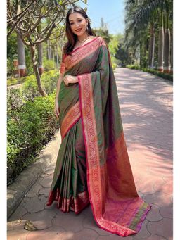 SGF11 - Green Women Kanjivaram Soft Silk Saree with Unstitched Blouse