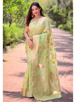 SGF11 - Green Women Organza Pure Soft Silk Handloom Saree with Unstitched Blouse