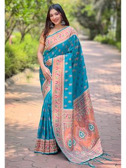 SGF11 - Aqua Women Kanjivaram Paithani Silk Saree with Unstitched Blouse