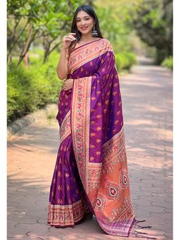 SGF11 - Purple Women Kanjivaram Paithani Silk Saree with Unstitched Blouse