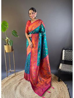 SGF11 - Teal Women Kanjivaram Paithani Silk Saree with Unstitched Blouse