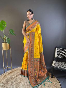 SGF11 - Yellow Women Kanjivaram Paithani Silk Saree with Unstitched Blouse