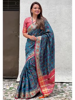 SGF11 - Aqua Women Kanjivaram Patola Soft Silk Saree with Unstitched Blouse