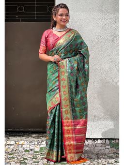 SGF11 - Green Women Kanjivaram Patola Soft Silk Saree with Unstitched Blouse