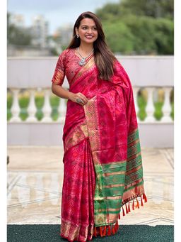 SGF11 - Pink Women Kanjivaram Patola Soft Silk Saree with Unstitched Blouse