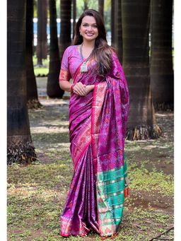 SGF11 - Purple Women Kanjivaram Patola Soft Silk Saree with Unstitched Blouse