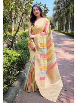 SGF11 - Cream Women Organza Pure Soft Silk Handloom Saree with Unstitched Blouse