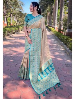 SGF11 - Cream Women Kanjivaram Tissue Pure Soft Silk Saree with Unstitched Blouse