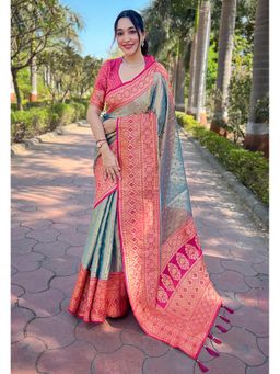 SGF11 - Grey Women Kanjivaram Tissue Pure Soft Silk Saree with Unstitched Blouse