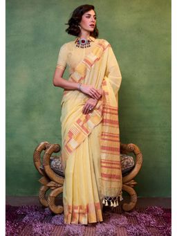 SGF11 - Yellow Women Kanjivaram Soft Cotton Linen Silk Saree with Unstitched Blouse