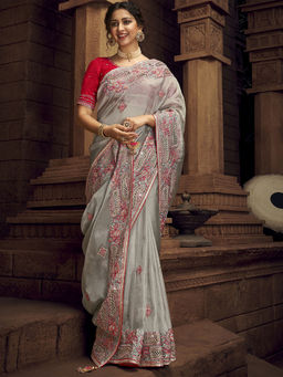Odette - Grey Organza Embroidered Saree with Unstitched Blouse with Unstitched