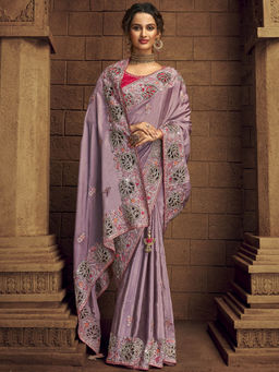 Odette - Light Purple Organza Embroidered Saree with Unstitched Blouse with Unstitched