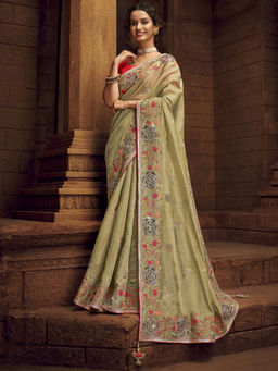 Odette - Olive Organza Embroidered Saree with Unstitched Blouse with Unstitched