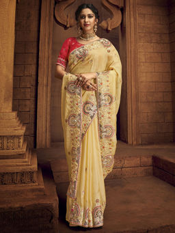 Odette - Yellow Organza Embroidered Saree with Unstitched Blouse with Unstitched