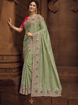 Odette - Olive Organza Embroidered Saree with Unstitched Blouse with Unstitched