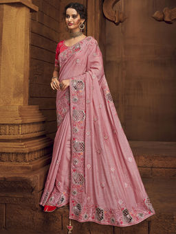 Odette - Pink Organza Embroidered Saree with Unstitched Blouse with Unstitched