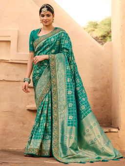 Odette - Teal Silk Woven Design Saree with Unstitched Blouse with Unstitched