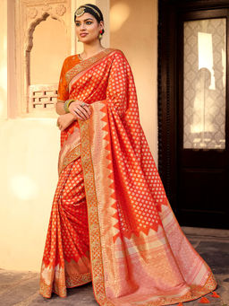 Odette - Orange Silk Woven Design Saree with Unstitched Blouse with Unstitched