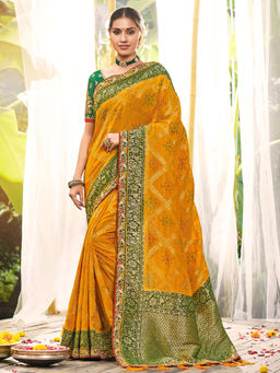 Odette - Mustard Dola Silk Foil Printed Saree with Unstitched Blouse with Unstitched