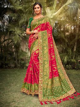 Odette - Red Dola Silk Foil Printed Saree with Unstitched Blouse with Unstitched