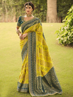 Odette - Green Silk Blend Khatli work Saree with Unstitched Blouse with Unstitched