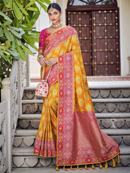 Odette - Yellow Banarasi Silk Woven Design Saree with Unstitched Blouse with Unstitched