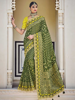 Odette - Olive Banarasi Silk Woven Design Saree with Unstitched Blouse with Unstitched