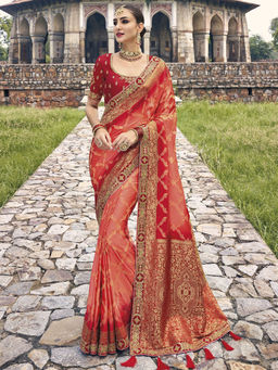Odette - Orange Gaji Satin Silk Woven Design Saree with Unstitched Blouse with Unstitched