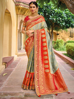 Odette - Grey Silk Blend Printed Saree with Unstitched Blouse with Unstitched