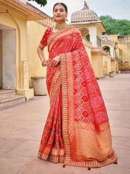 Odette - Red Silk Blend Bandhani Printed Saree with Unstitched Blouse with Unstitched