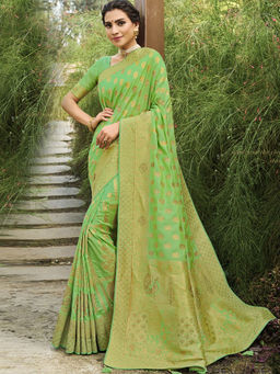 Odette - Green Satin Banarasi Silk Woven Design Saree with Unstitched Blouse with Unstitched