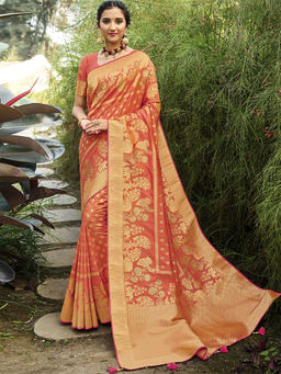 Odette - Orange Satin Banarasi Silk Woven Design Saree with Unstitched Blouse with Unstitched