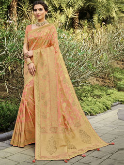 Odette - Peach Satin Banarasi Silk Woven Design Saree with Unstitched Blouse with Unstitched