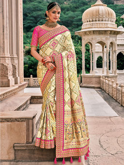 Odette - Beige Pure Silk Printed Saree with Unstitched Blouse with Unstitched