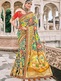 Odette - Green Pure Silk Printed Saree with Unstitched Blouse with Unstitched