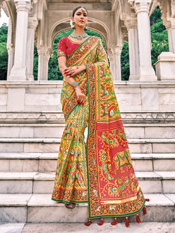Odette - Yellow Pure Silk Printed Saree with Unstitched Blouse with Unstitched